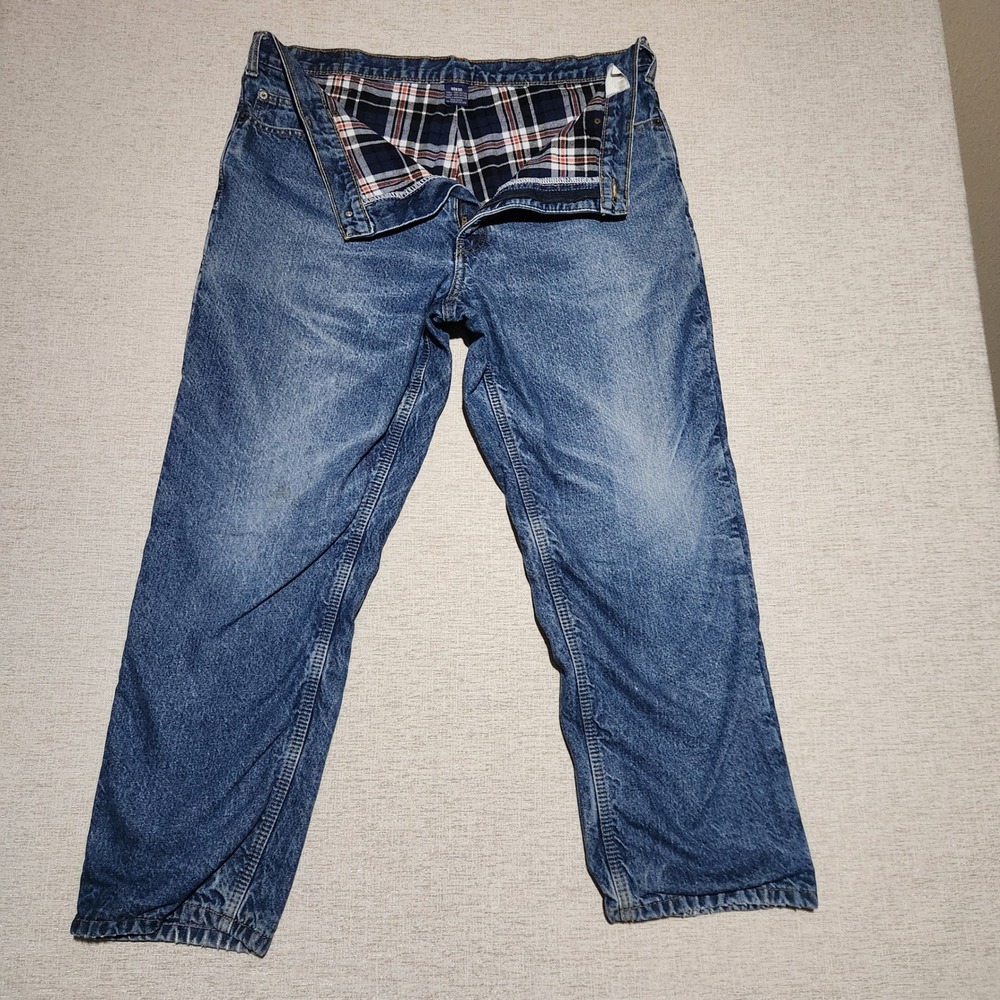 Full Blue Flannel Lined Jeans Men 40x30 Blue Plaid Insulated Rugged Denim
